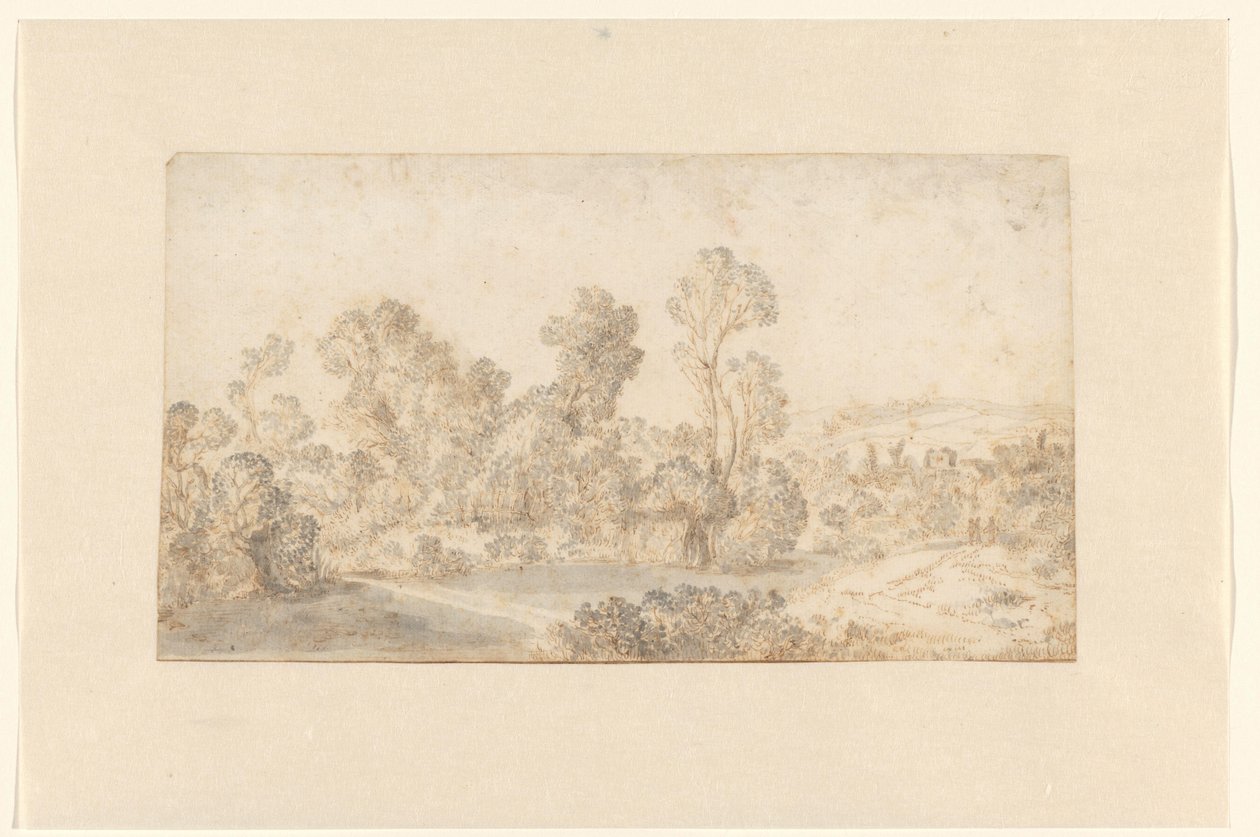 Heuvelachtig landschap met hoge bomen langs een rivier door Gillis Claesz de Hondecoeter