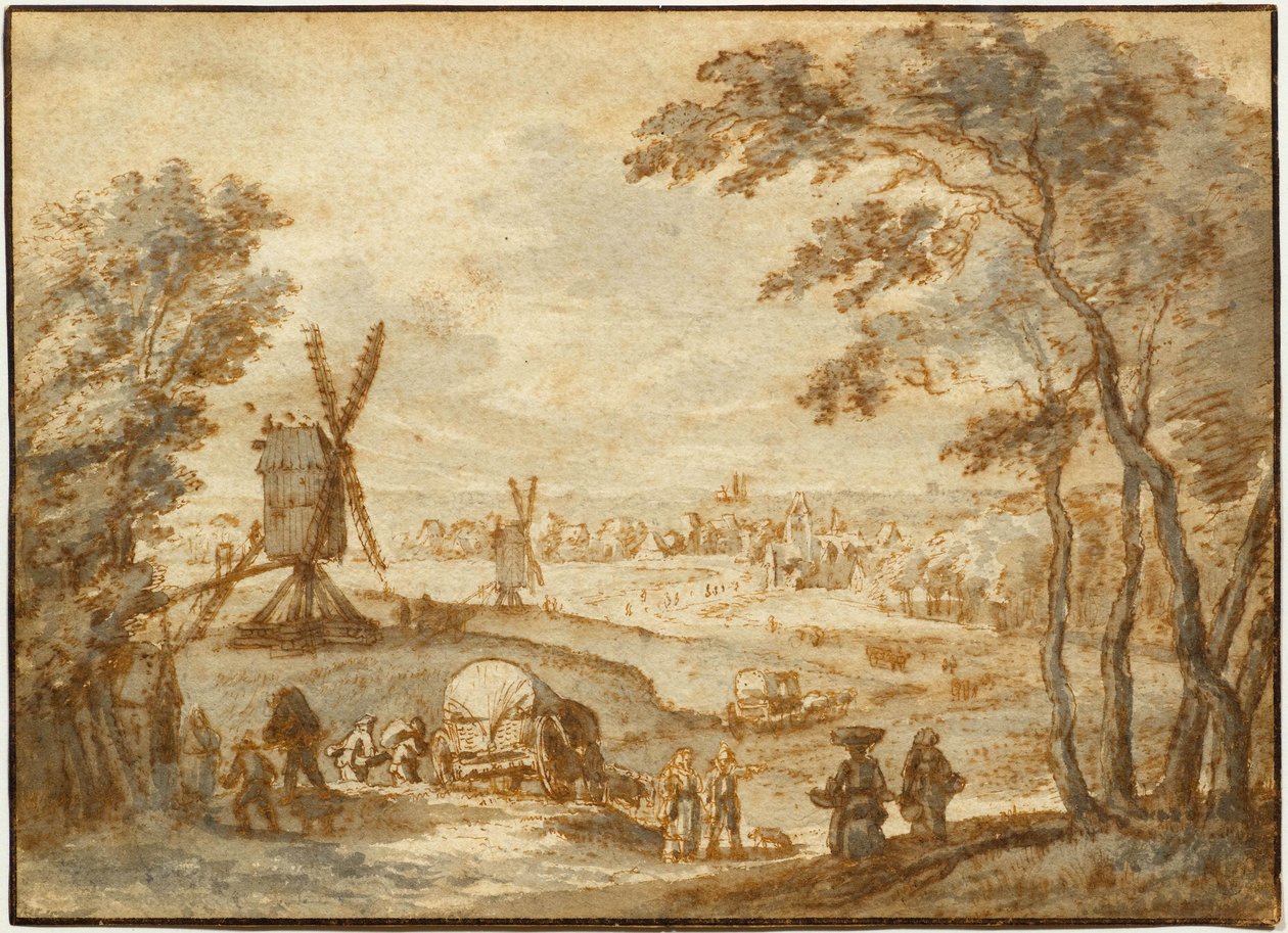 Landschap met windmolens voor een stad, met wandelaars en huifkar op de voorgrond door Gillis Neyts