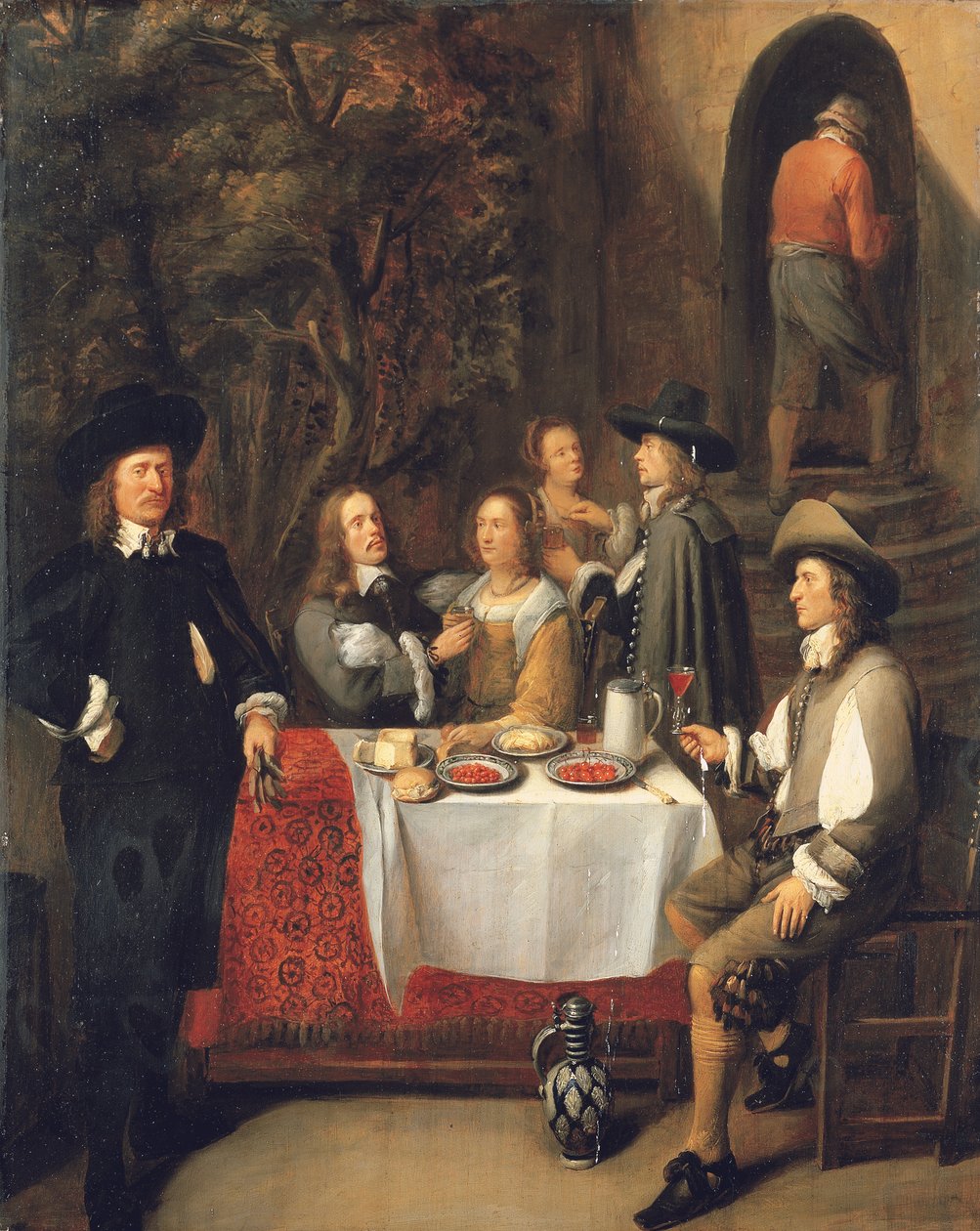 Elegant gezelschap aan een tafel op een terras door Gillis Van Tilborch