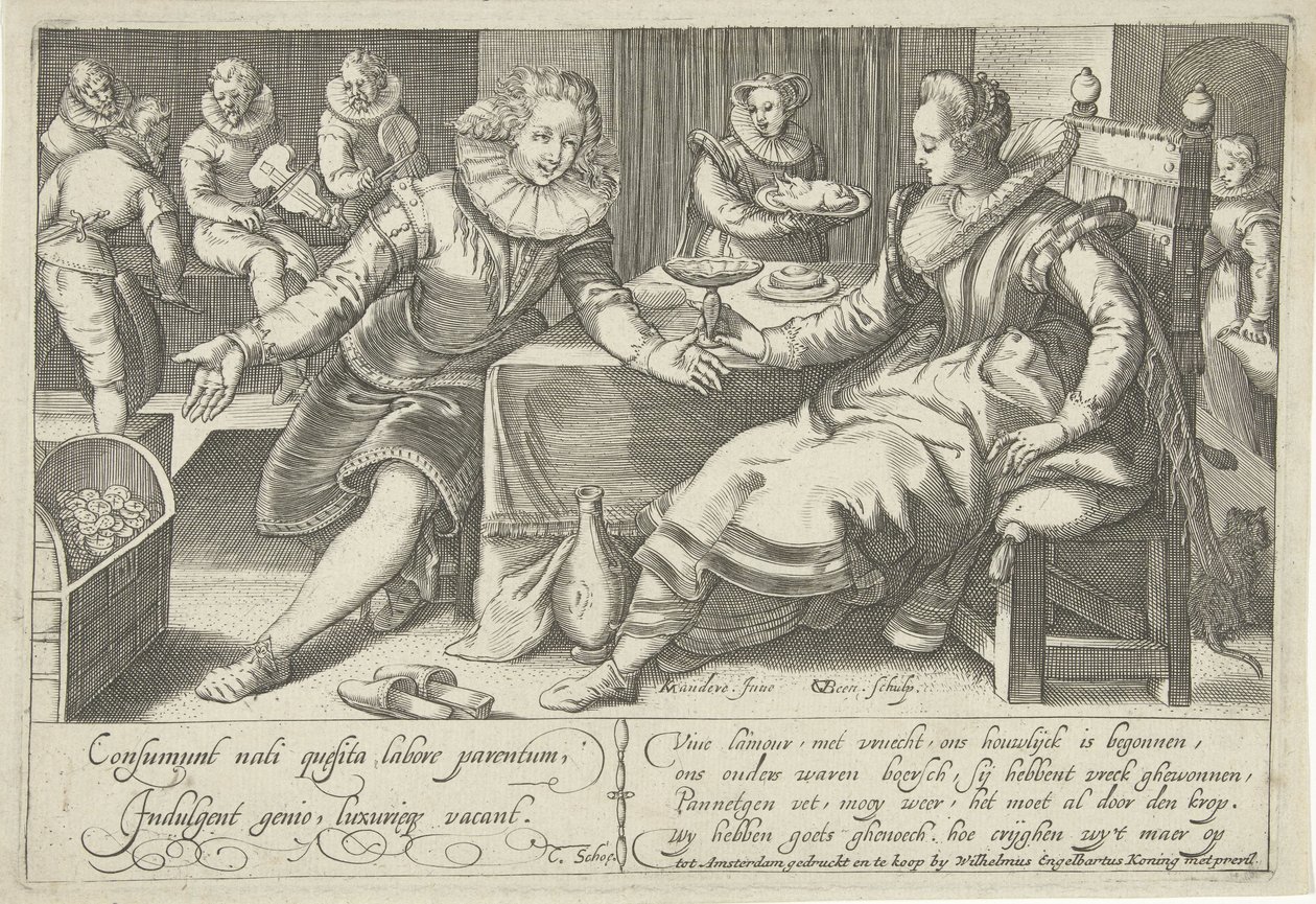 Verspilling in het huwelijk, Elegant paar aan tafel in een vertrek door Gillis van Breen