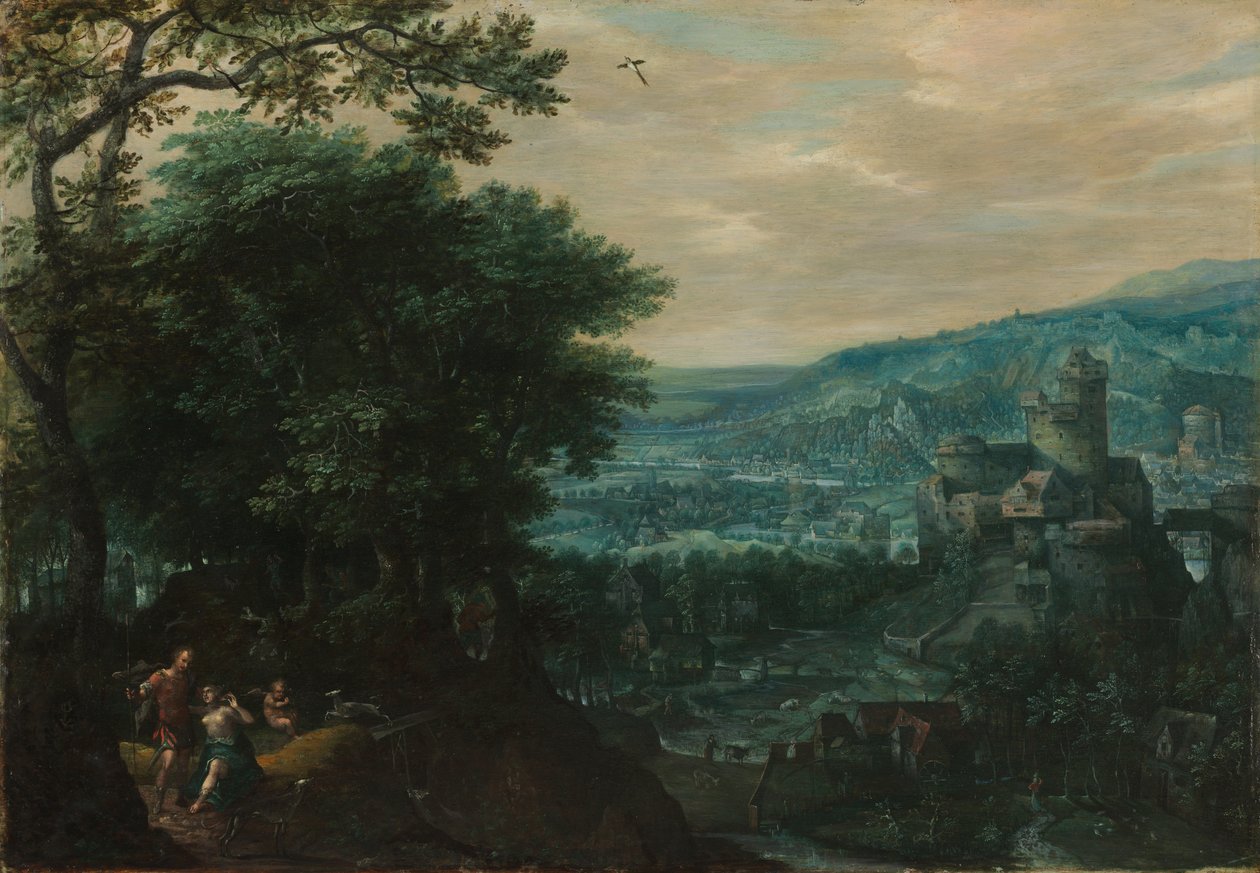 Landschap met Venus en Adonis door Gillis van Coninxloo
