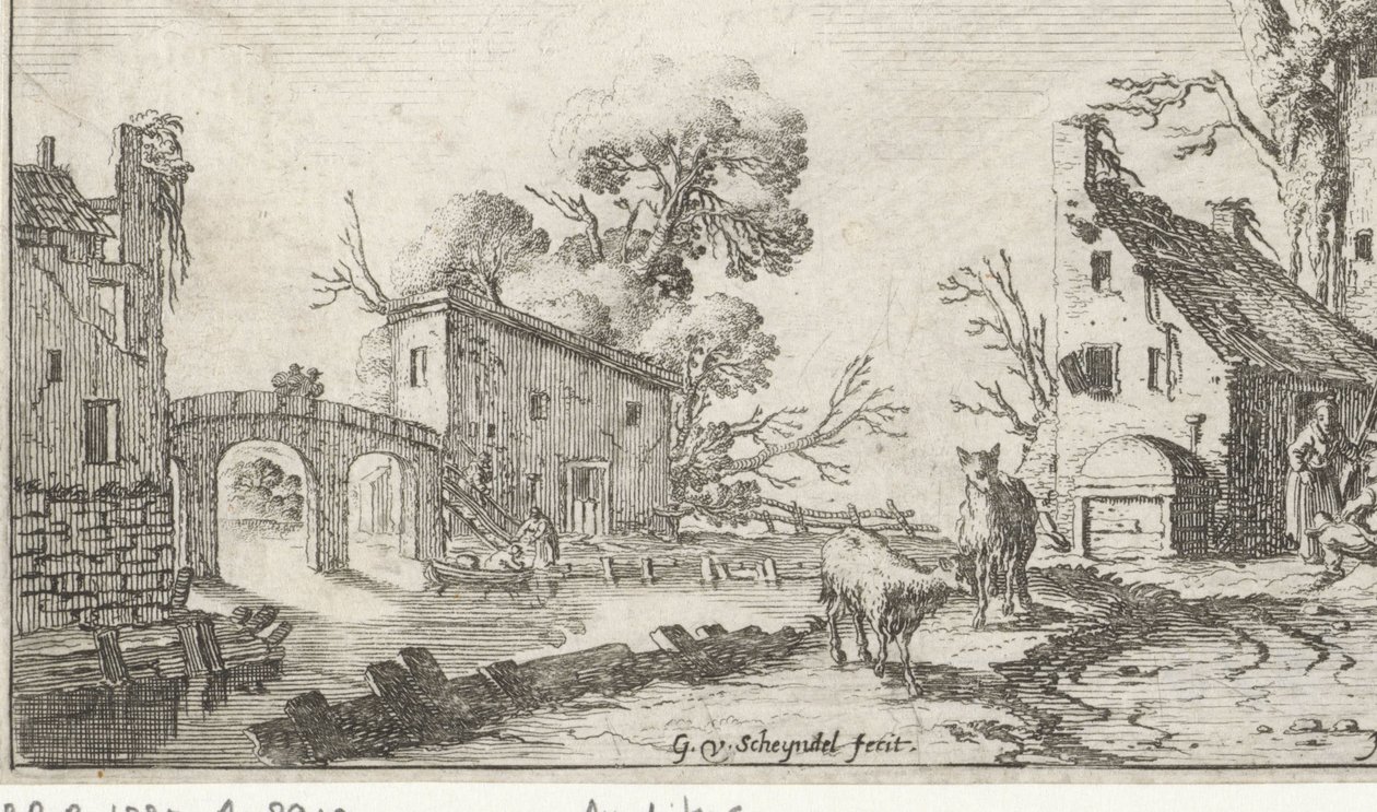 Boerderij en toren aan een rivier door Gillis van Scheyndel (I)