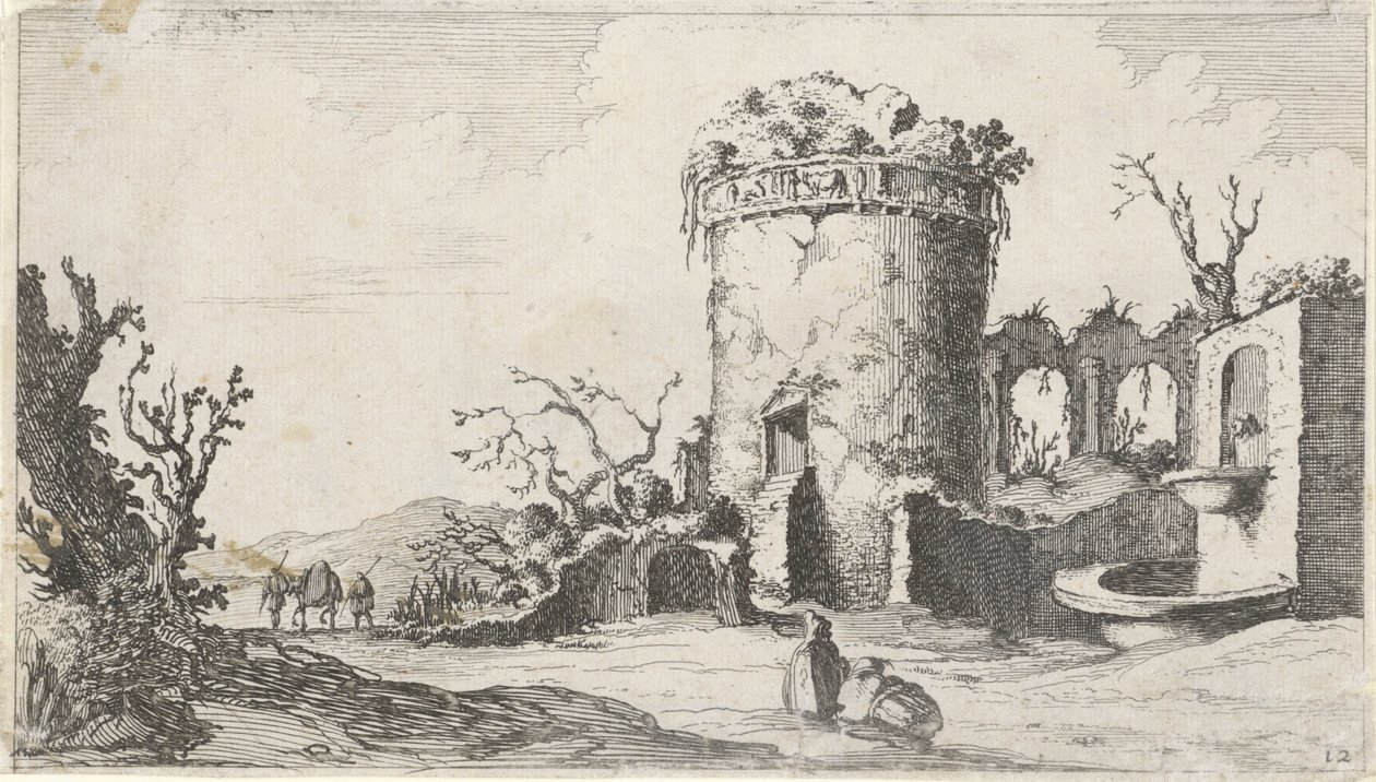 Fontein bij ruïne met een ronde toren Twaalf landschappen (serie) door Gillis van Scheyndel (I)