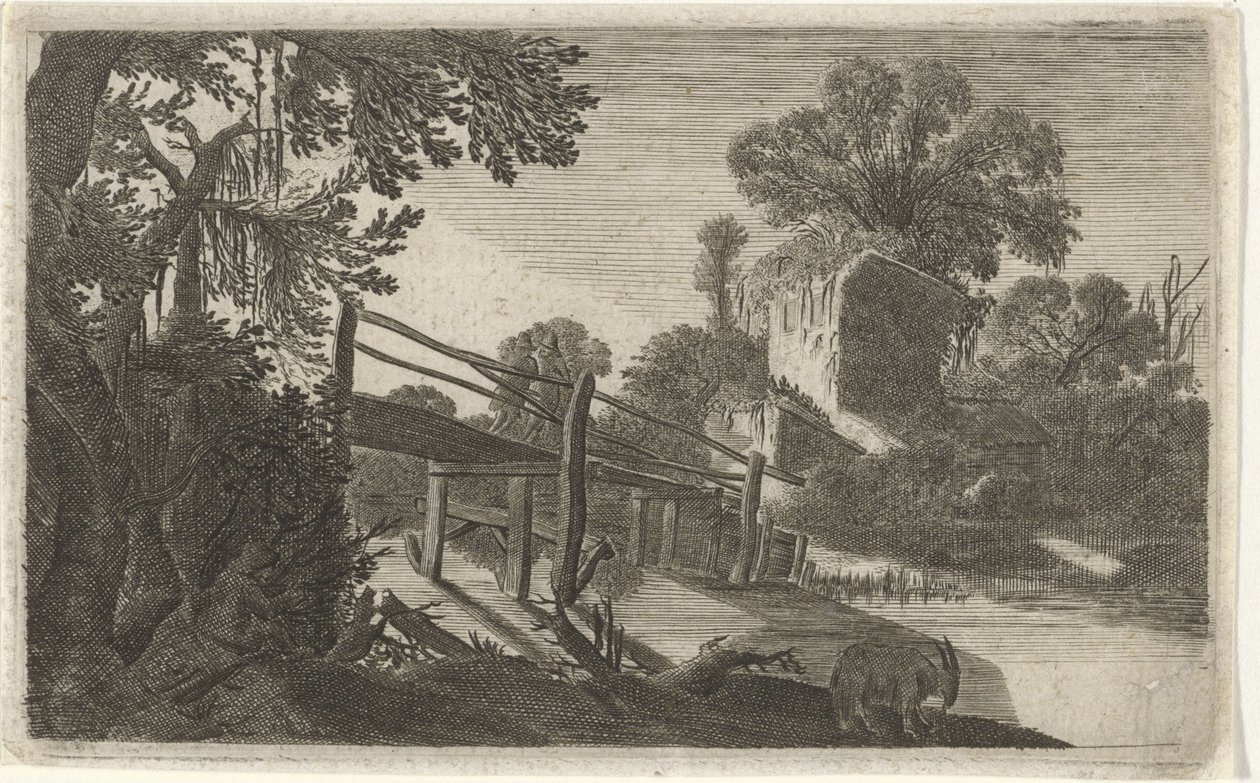 Houten brug bij een ruïne door Gillis van Scheyndel (I)
