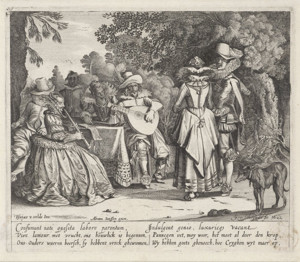 Musicerend elegant gezelschap in de openlucht door Gillis van Scheyndel (I)