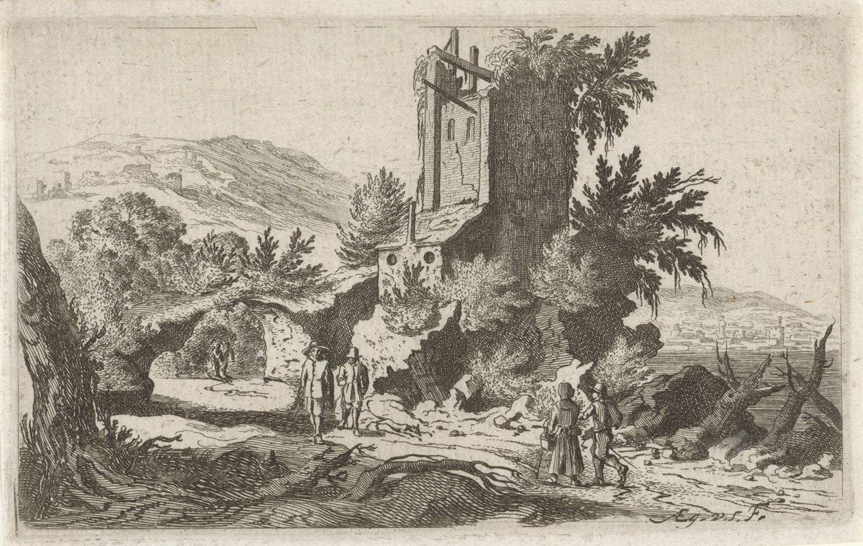 Wandelaars bij een ruïne door Gillis van Scheyndel (I)