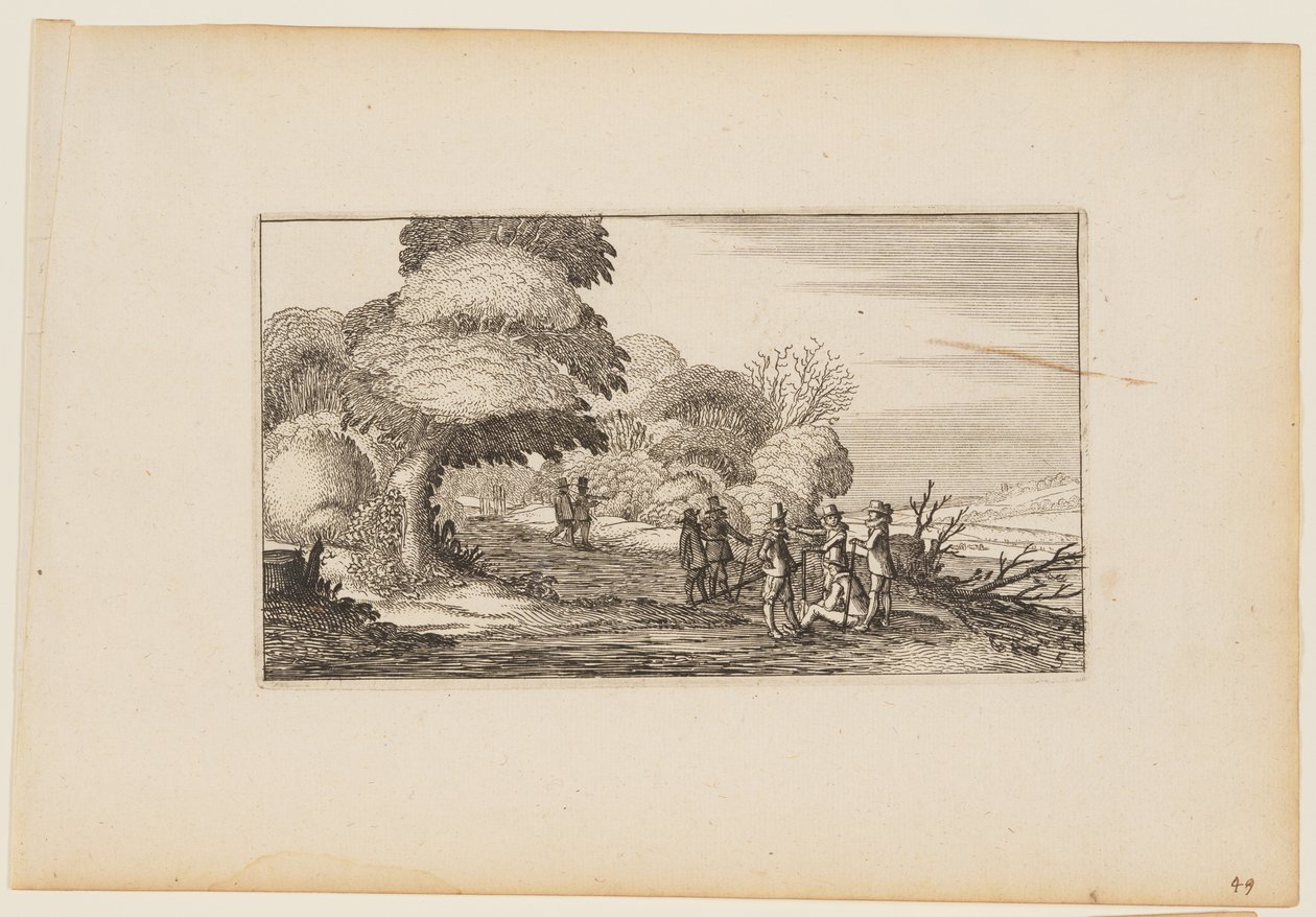 Mannen met musketten op een pad door bossen, uit twaalf landschappen met figuren door Gillis van Scheyndel
