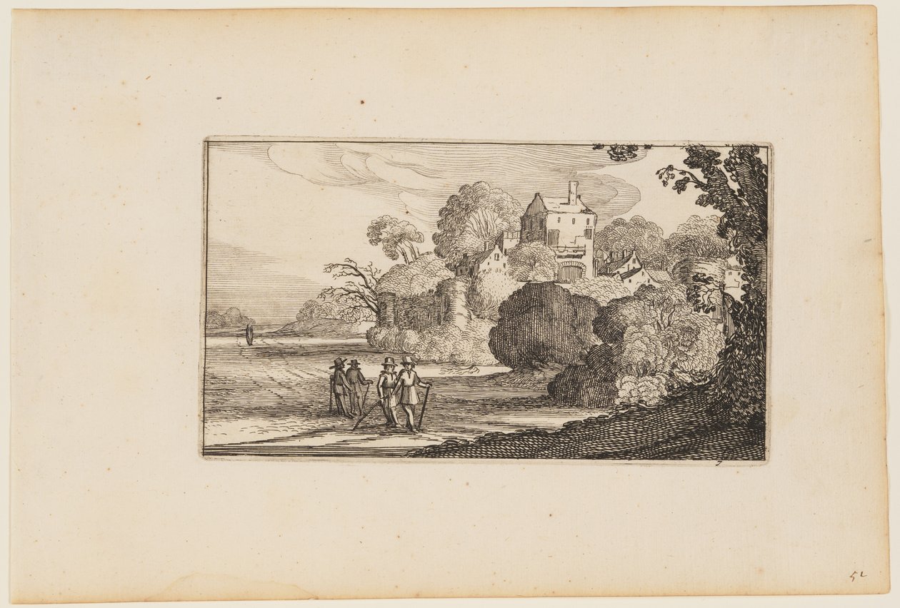Pad naar links van ommuurd gebouwencomplex temidden van bomen, uit Twaalf landschappen met figuren door Gillis van Scheyndel