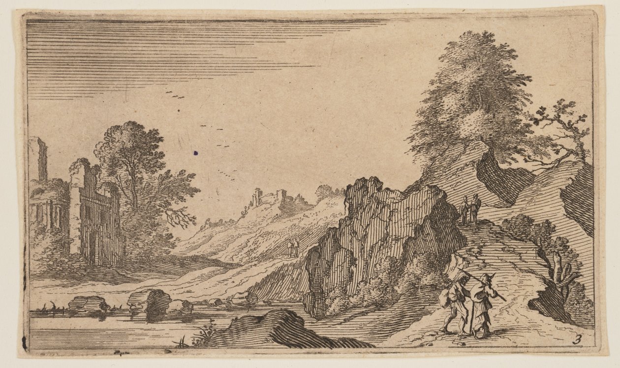Voetgangers op een pad langs rotsen, ruïnes achter water links, uit Twaalf Landschappen door Gillis van Scheyndel