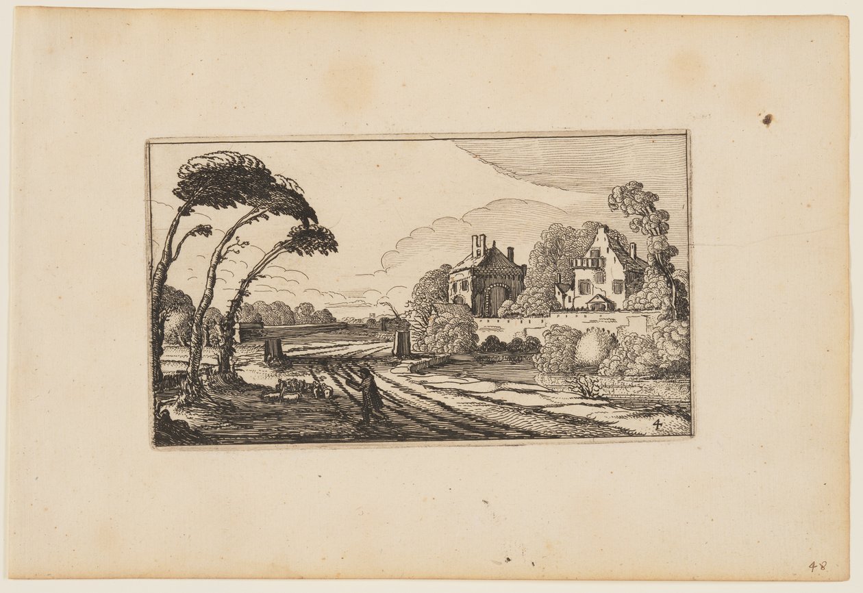 Weg links van een ommuurd landhuis, uit Twaalf landschappen met figuren door Gillis van Scheyndel