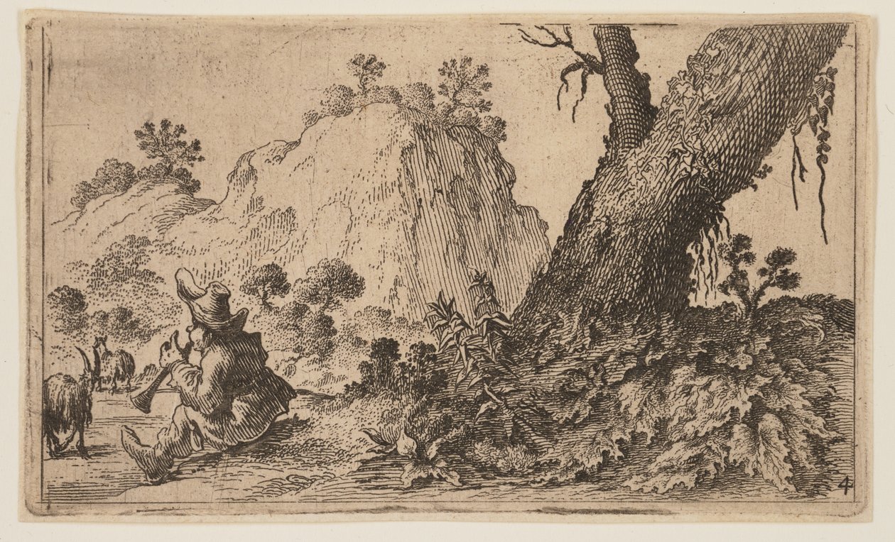 Herder die een blokfluit speelt voor een kudde geiten, uit Twaalf Landschappen door Gillis van Scheyndel