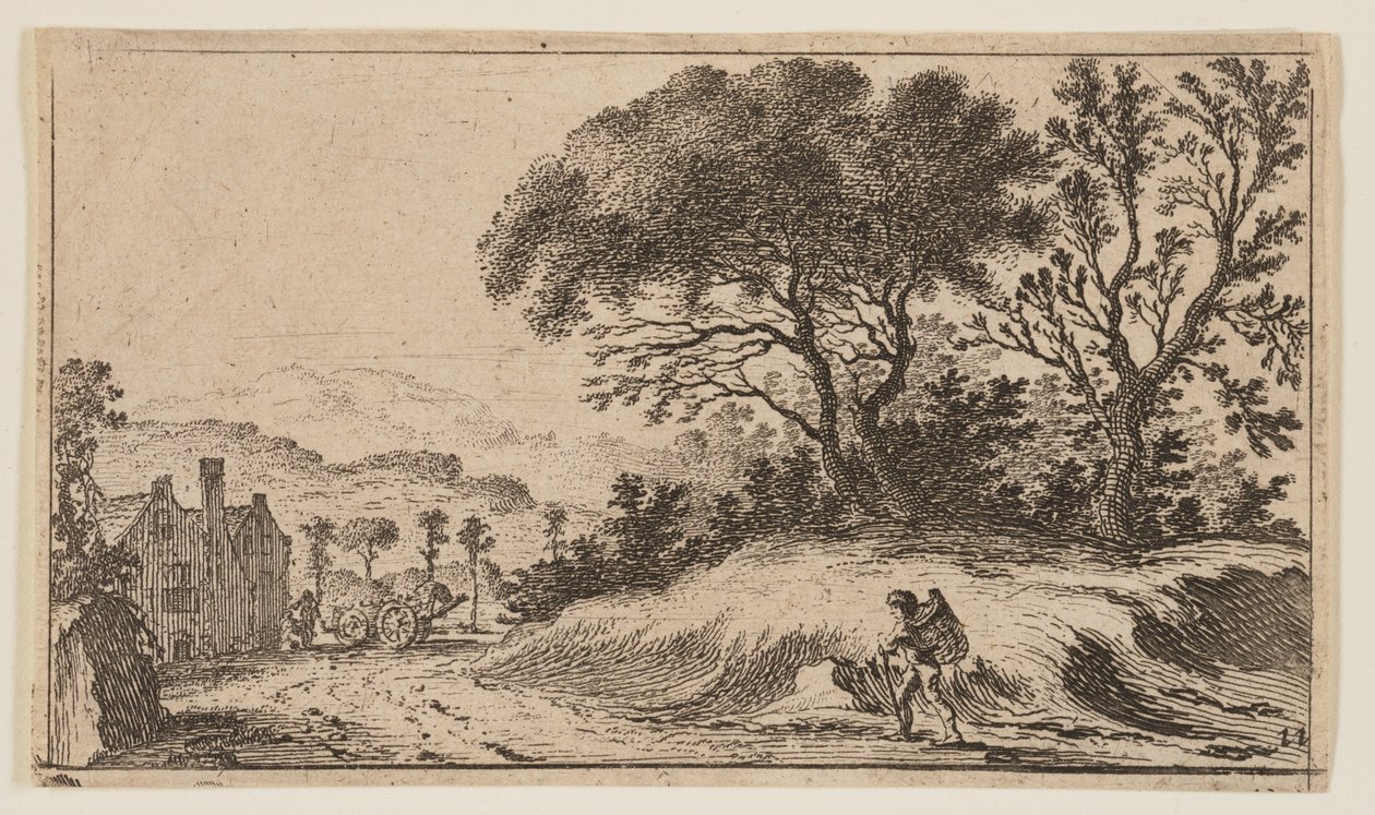 Reiziger op een pad voor drie bomen op een heuvel rechts, uit Twaalf Landschappen door Gillis van Scheyndel