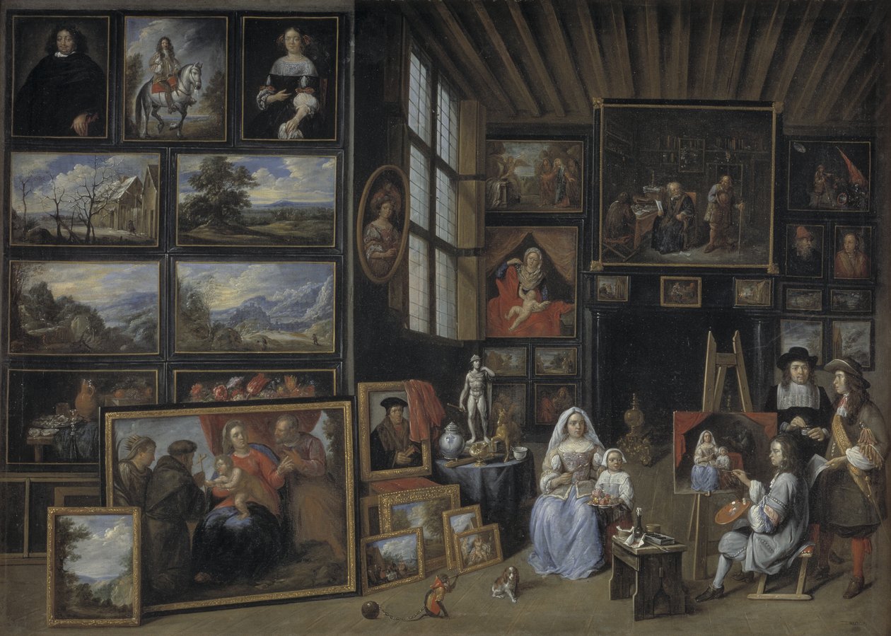 Een schilderijengalerij met een kunstenaar die een vrouw en een meisje schildert. Allegorie van de schilderkunst door Gillis van Tilborgh