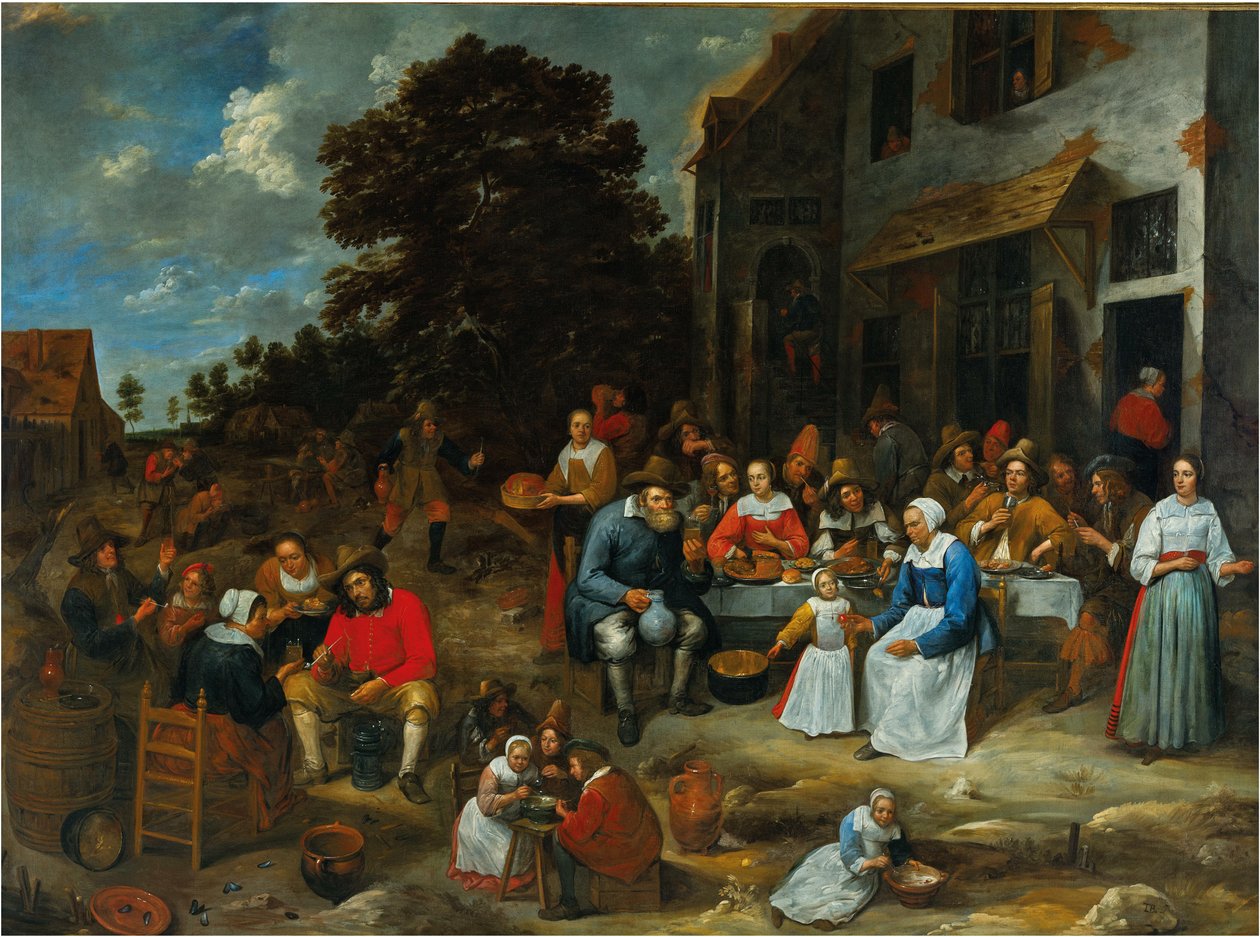 Een gezelschap feestend buiten een taverne door Gillis van Tilborgh
