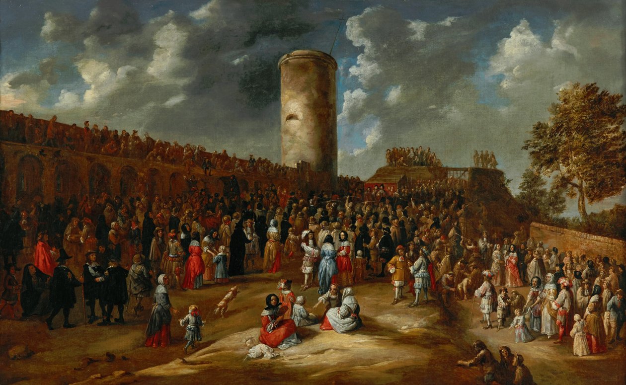 Een boogschietwedstrijd buiten de muren van een stad door Gillis van Tilborgh