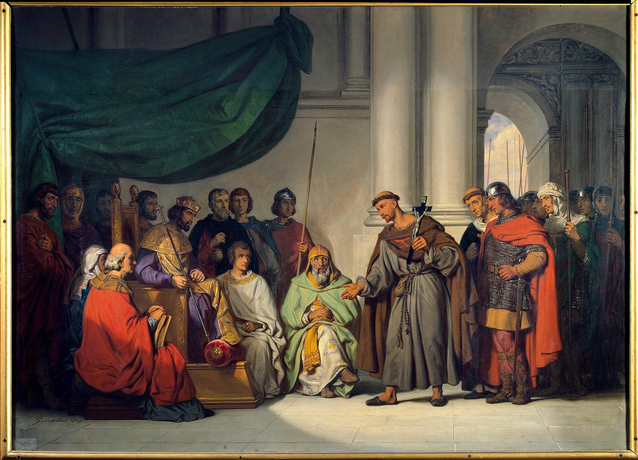 Eerste Kruistocht: De Oosterse keizer Alexis Comnene ontvangt Peter de Kluizenaar in Constantinopel in augustus 1096 door Gillot Saint Evre