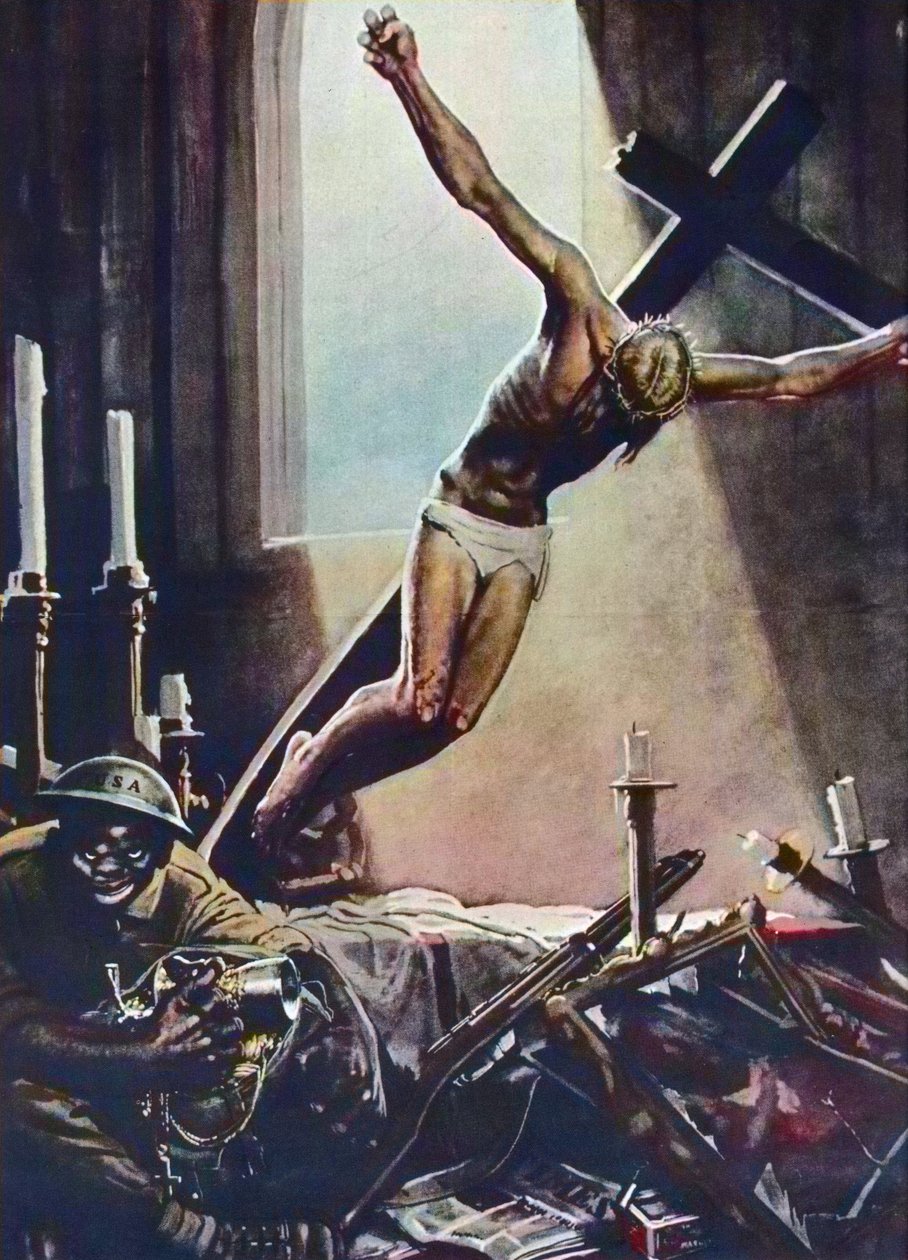 Anti-Amerikaanse WOII-poster - Zwarte Amerikaan plundert kerk - Poster door Gino Boccasile (1901-1952) - Italiaanse propaganda anti-USA 1943 door Gino Boccasile