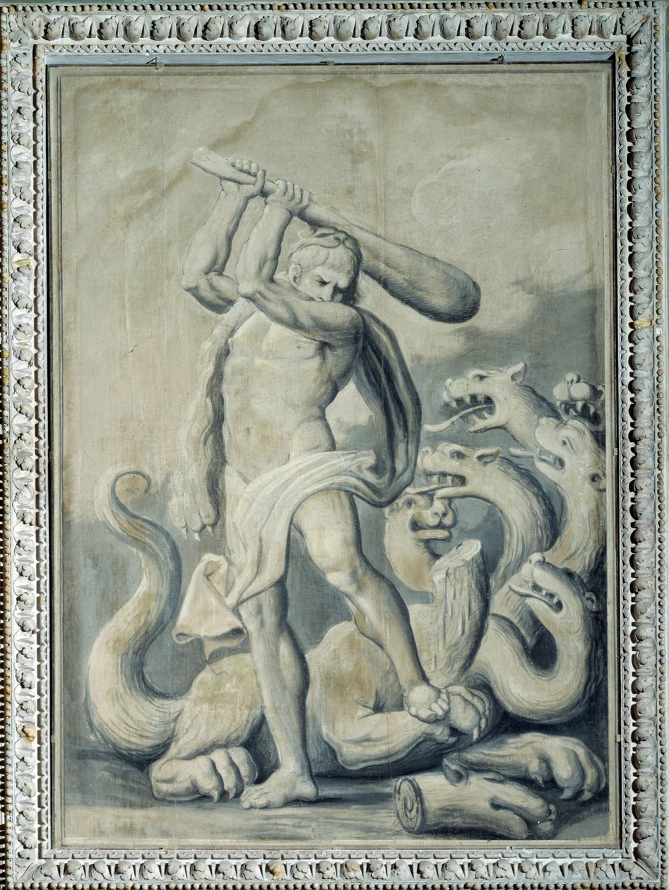 Hercules hakt de zeven hoofden van de Hydra af door Gio Batta Celle