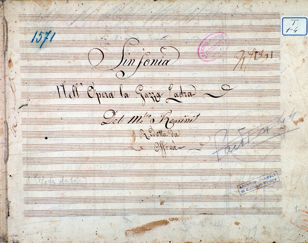 Eerste pagina van muziekpartituur van symfonie in La gazza ladra (De stelende ekster) door Gioacchino Rossini door Gioachino Rossini