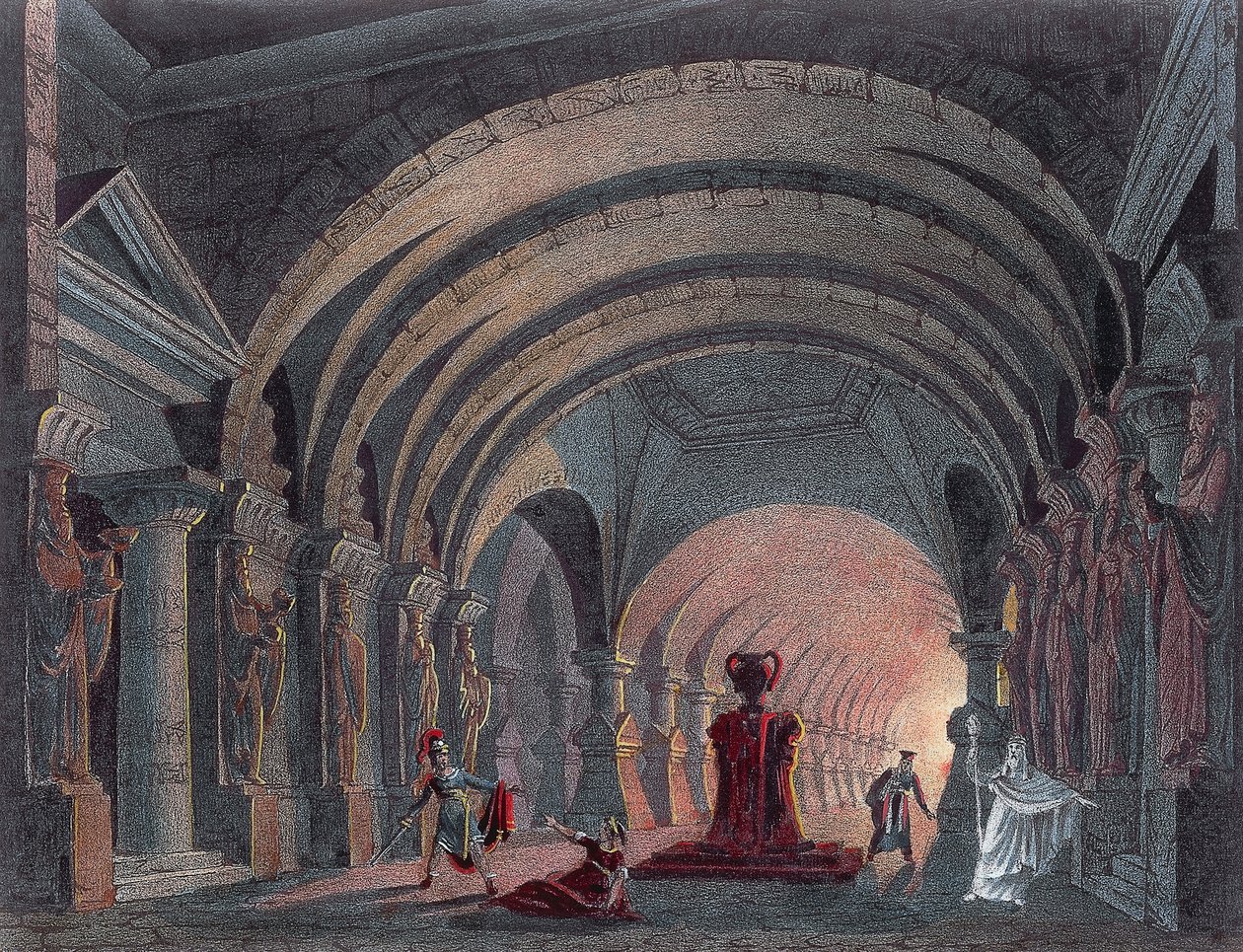 Scenografie voor Act IV van Semiramide door Gioacchino Rossini, gravure door Gioachino Rossini