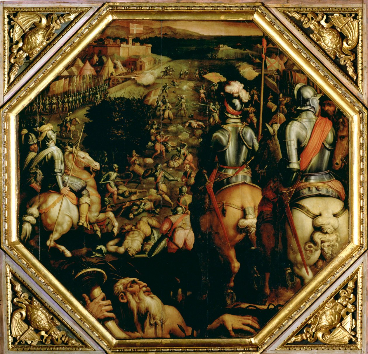 De slag bij Marciano in 1553, van het plafond van de Salone dei Cinquecento, 1565 door Giorgio Vasari