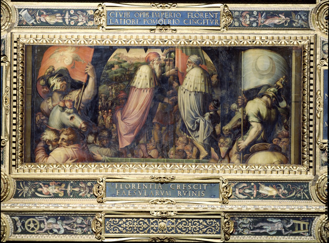 De vereniging van Florence en Fiesole van het plafond van de Salone dei Cinquecento, 1565 door Giorgio Vasari