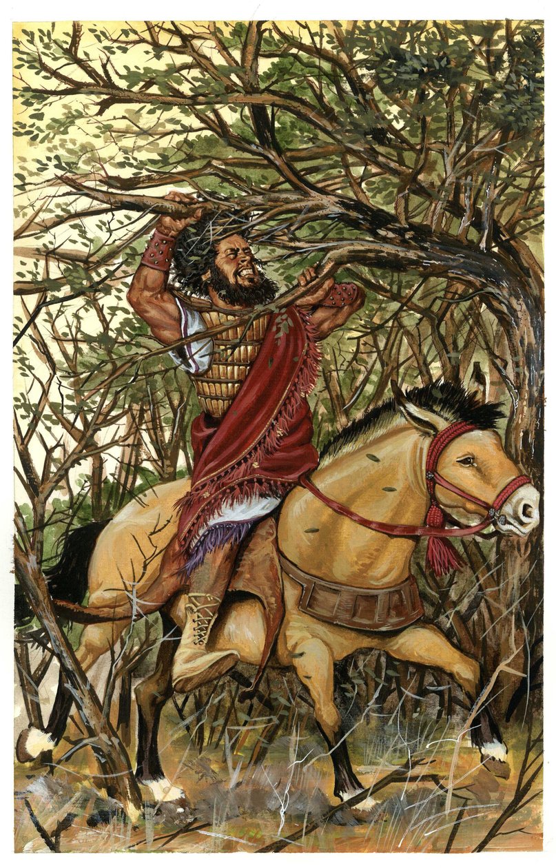 Een voorstelling van Absalom (of Avshalom, Absalom) de zoon van David, in het woud van Efraïm, zijn haar zit in de takken van een eik. door Giorgio Albertini