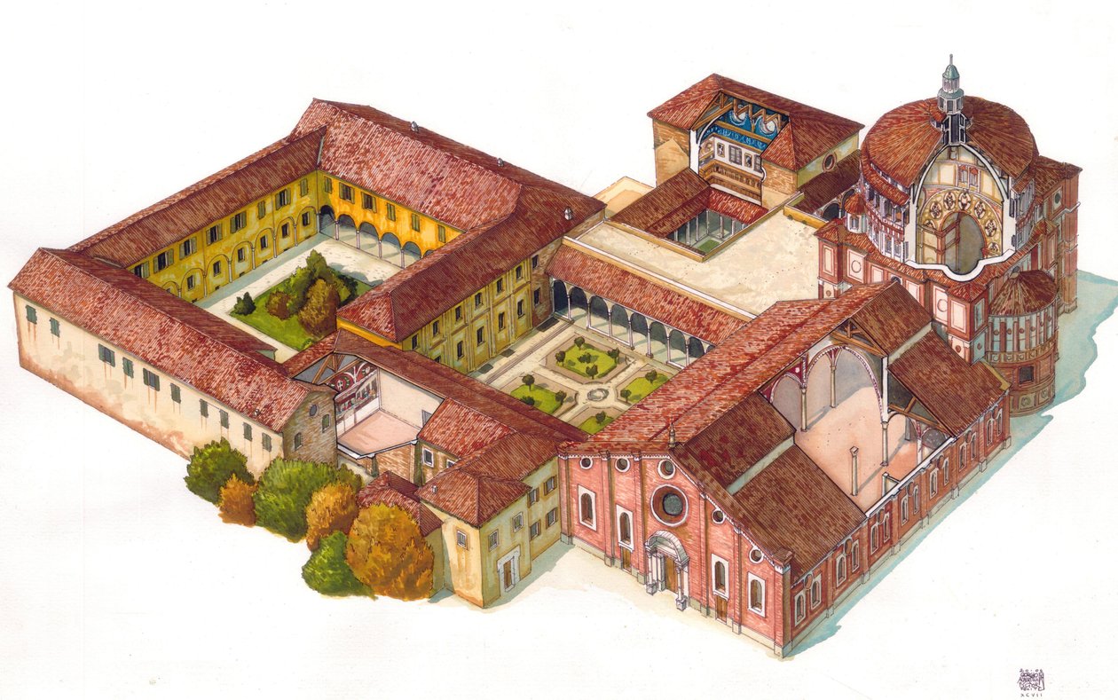 Gezicht op de kerk Santa Maria delle Grazie, gesticht in 1463 door de Dominicanen, in Milaan, Italië. In de refter is het Cene van Leonard de Vinci (Cenacolo) zichtbaar. door Giorgio Albertini