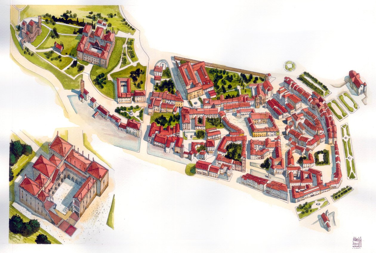 Luchtfoto van de stad Guimaraes: links het kasteel en klooster uit de 11e eeuw. Portugal. Illustratie door Giorgio Albertini. (Het gebruik van de werken van deze auteur is niet onderworpen aan een aanvraag voor toestemming van een derde partij of aan t door Giorgio Albertini