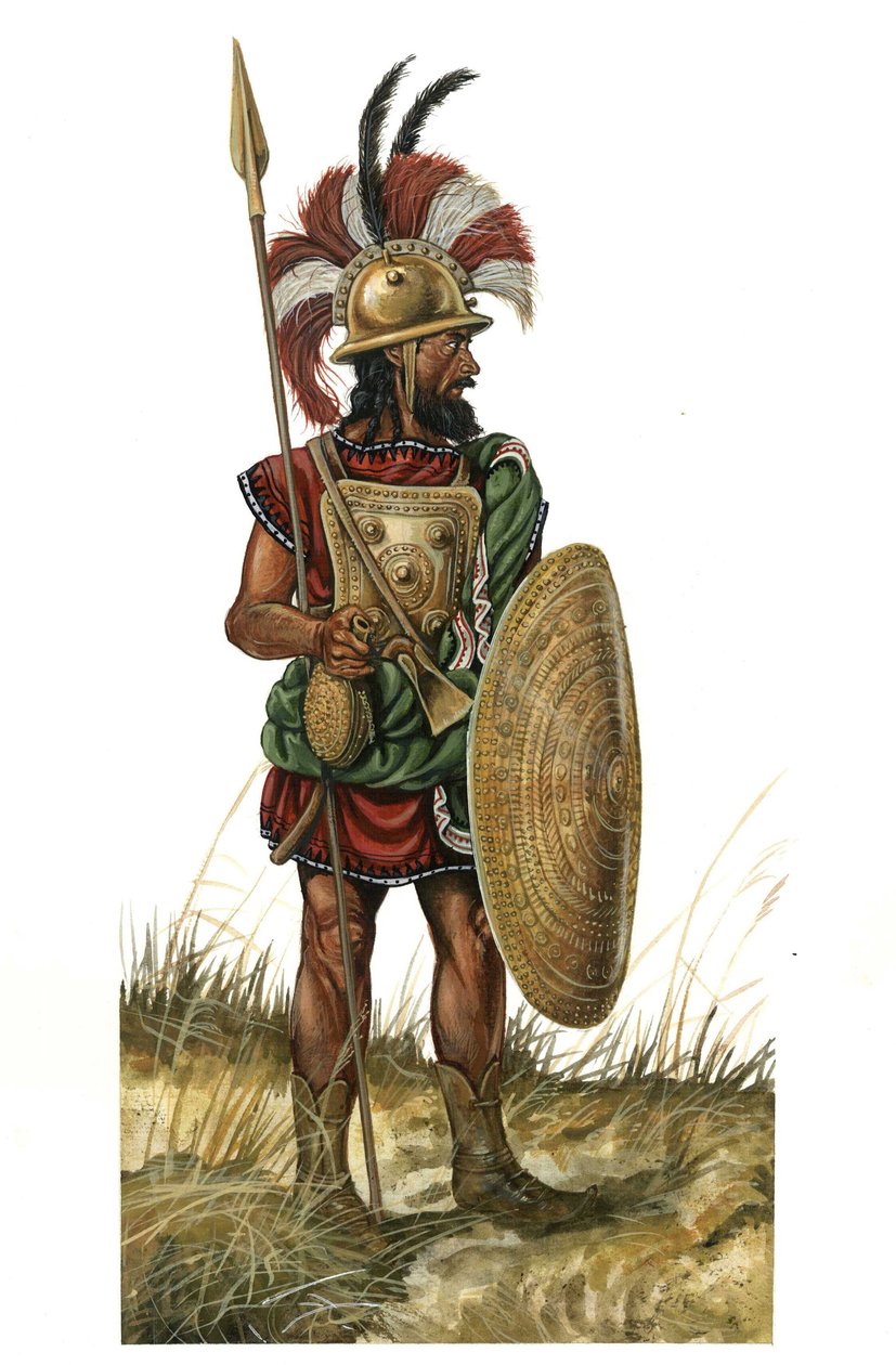 Het oude Rome (archaïsch 753-530 v.Chr.): afbeelding van een krijgerwapen, helm, schild, speer (monarchale periode van de 8e eeuw v.Chr.) door Giorgio Albertini