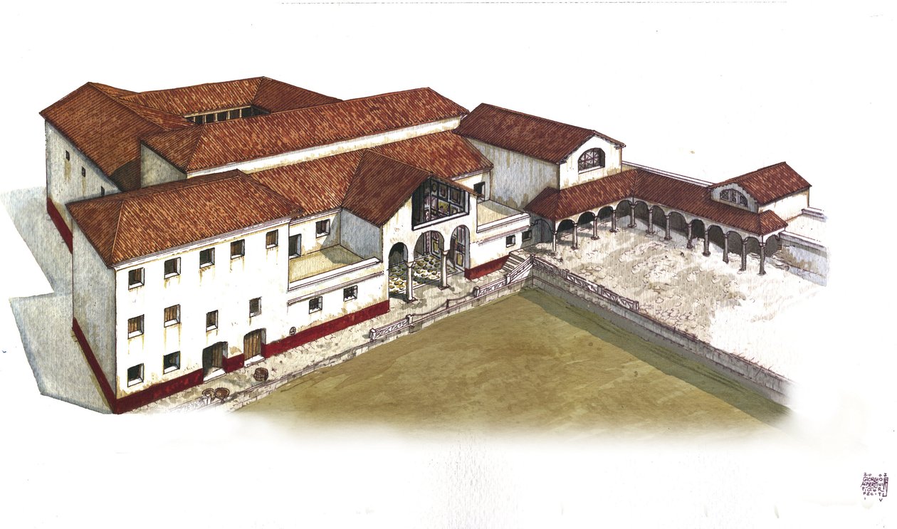 Het oude Rome: reconstructie van de Villa des Lions (Casa ou domus dei Leoni) in Ostia Antica (Ostia), 3e eeuw v.Chr. Italië Illustratie door Giorgio Albertini. (Het gebruik van de werken van deze auteur is niet onderworpen aan een aanvraag voor toestemmin door Giorgio Albertini