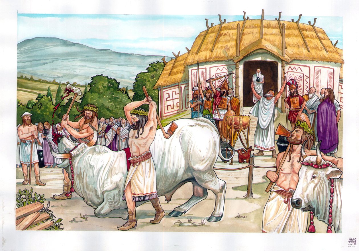 Het oude Rome: offerceremonie in de tempel van Jupiter op de berg Albain (Albanus mons of Monte Albano) bij Rome, Italië. door Giorgio Albertini
