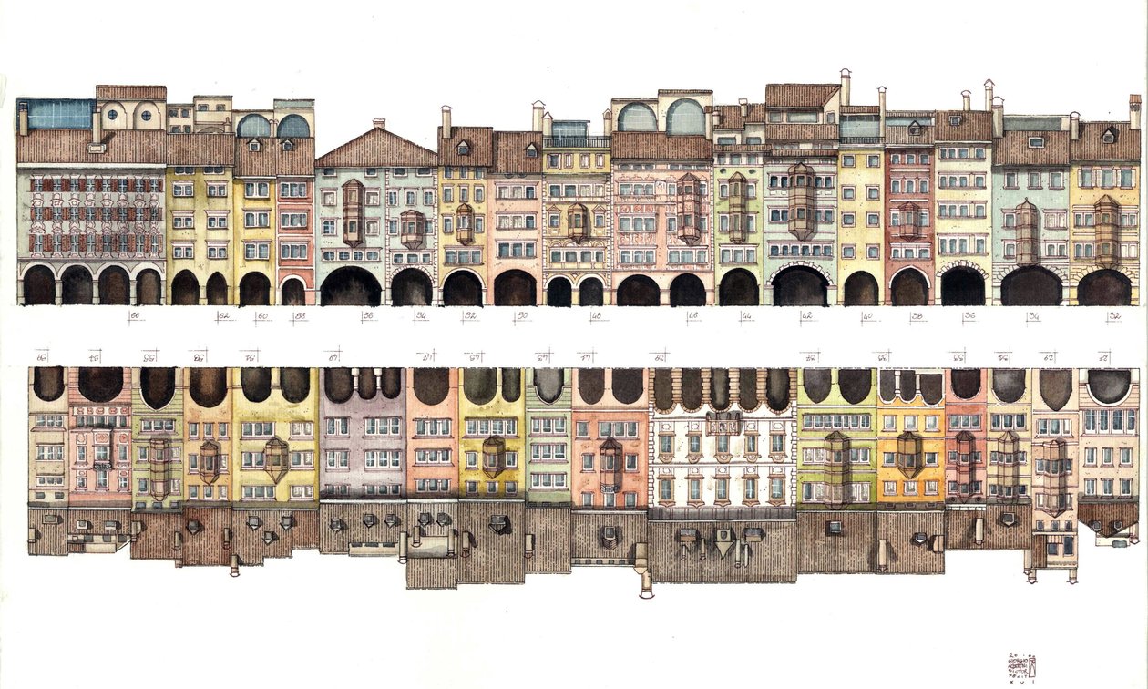 Architectuur: plat aanzicht van Via dei Portici, overdekte galerij met portiek, samen met gekleurde huizen, van de stad Bolzano, Italië Illustratie door Giorgio Albertini. (Voor het gebruik van het werk van deze auteur is geen toestemming vereist van door Giorgio Albertini