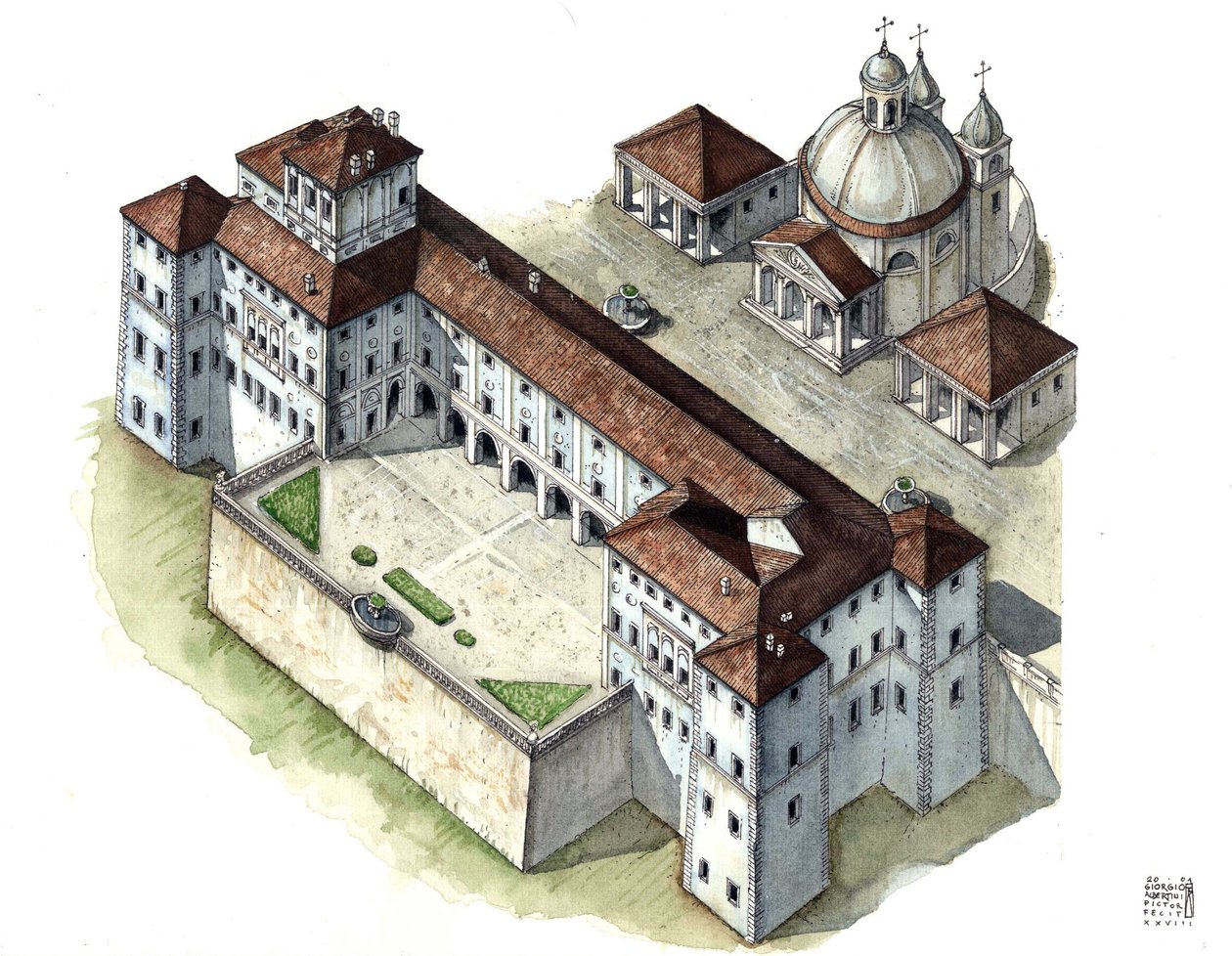 Barokkunst: luchtfoto van het paleis Chigi a Ariccia, Lazio, in de 17e eeuw. Italië door Giorgio Albertini
