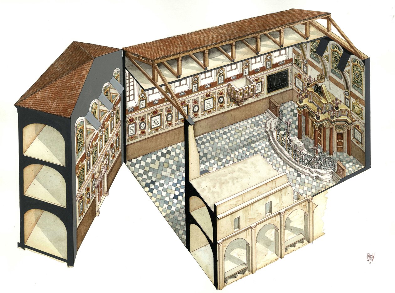 Barokkunst: reconstructie van de architectonische structuur van de synagoge van Casale Monferrato (Casal) bij Alessandria (Alexandrië), Italië. door Giorgio Albertini