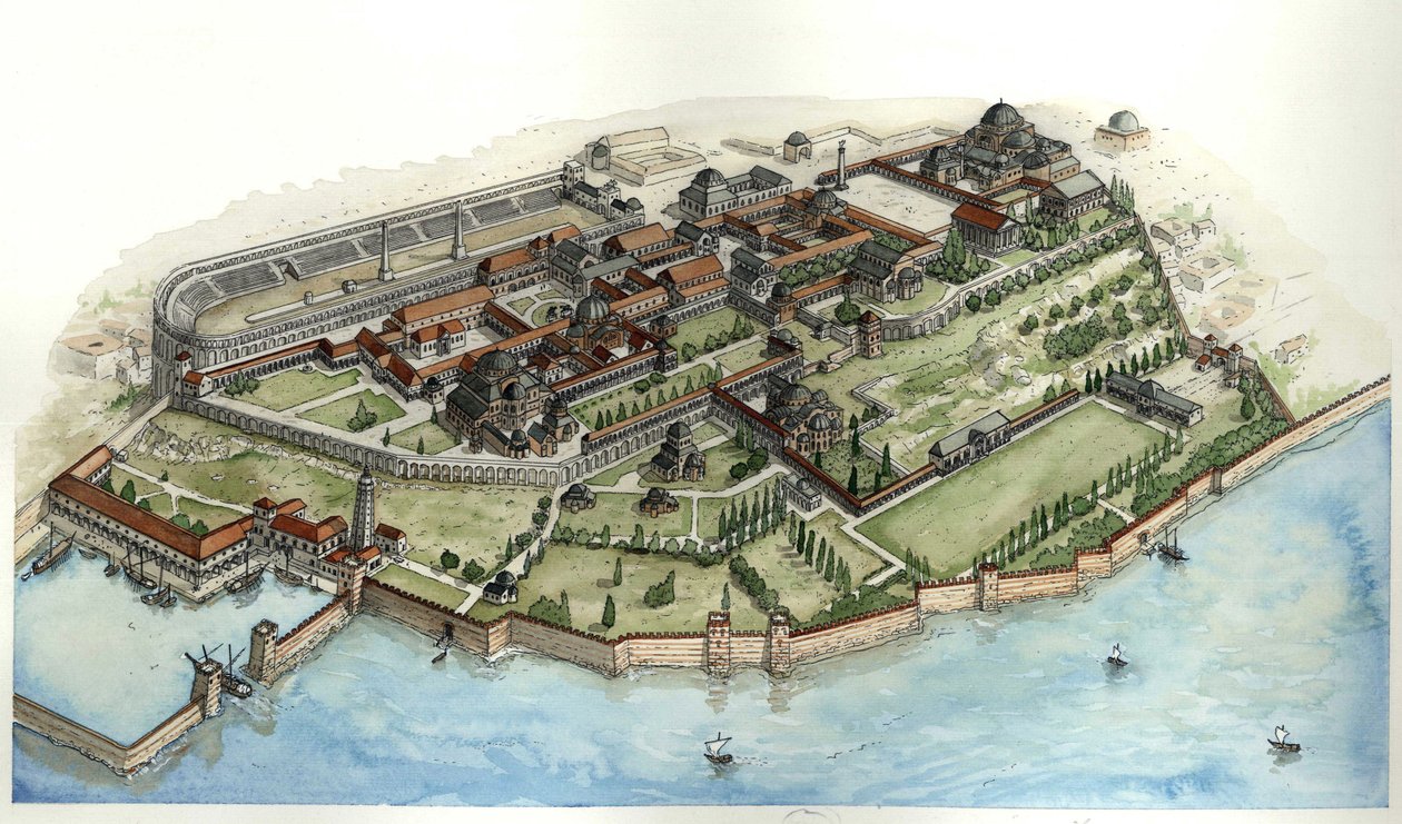 Byzantijnse Rijk: zicht op het keizerlijk paleis van Constantinopel, door Giorgio Albertini