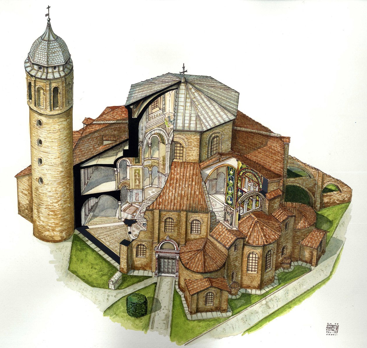 Byzantijnse kunst: voorstelling van de Basiliek van St. Vital (Saint Vital of San Vitale) in Ravenna (Ravenna) in de 5e eeuw. Luchtfoto met uitsnijdingen om het interieur te zien. Italië Illustratie door Giorgio Albertini. (Het gebruik van de werken van de door Giorgio Albertini