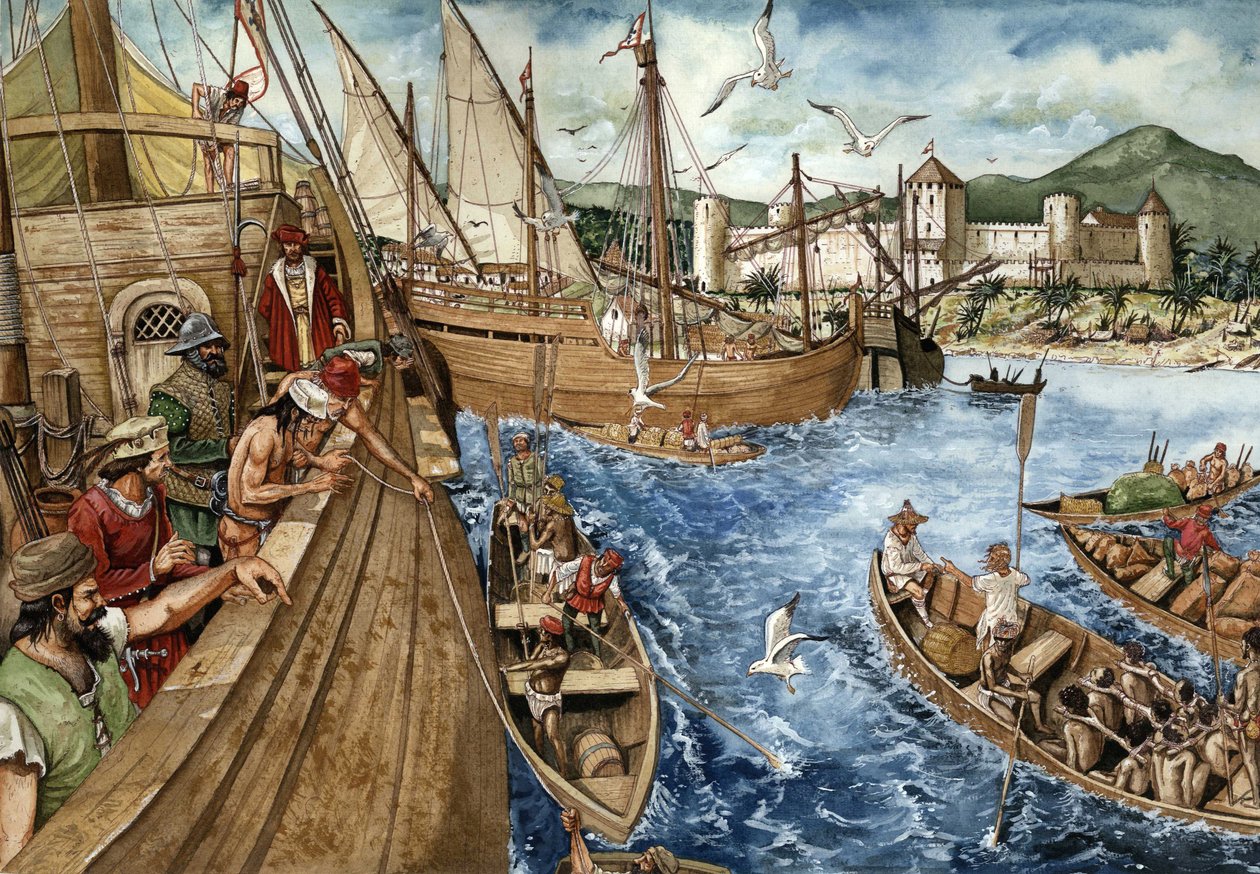 Kolonisatie van de Goudkust (Ghana) in Afrika: de Portugezen vertrokken op 21/01/1482 naar de kust van Guinee en bouwden het fort van Sao Jorge de Mina (Elmina) om de goud- en slavenhandel te versterken. Portugese karavanen vertegenwoordigd langs de Afrika door Giorgio Albertini