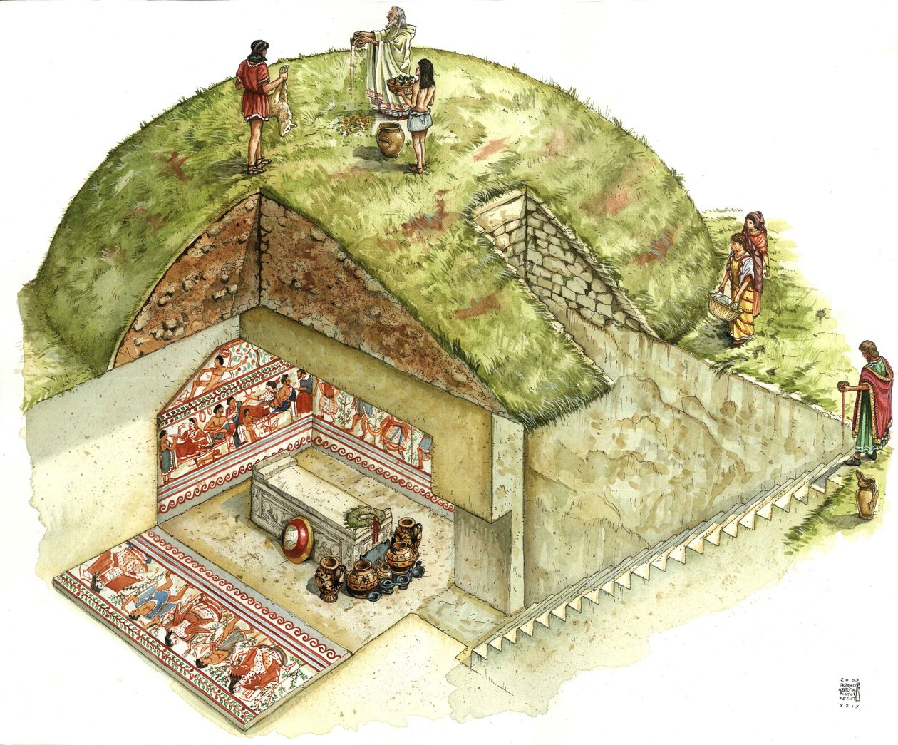 Etruskische beschaving: reconstructie en uitsnede van het graf van Triclinio (triclinium), necropolis van Tarquinia. 5e eeuw v.Chr. Italië Illustratie van Giorgio Albertini. door Giorgio Albertini