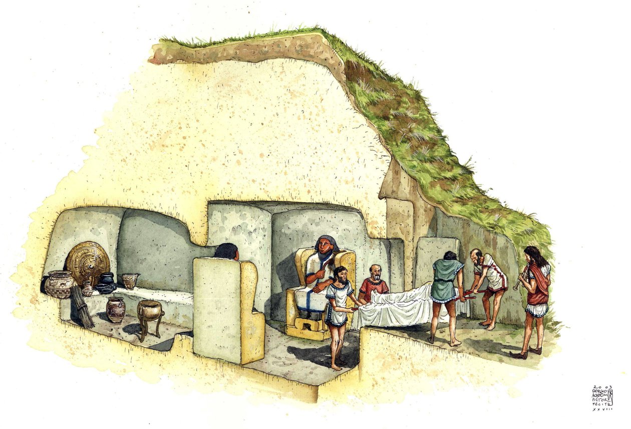 Etruskische beschaving: reconstructie en uitsnede van het graf van de beelden, necropolis van Ceri. 7e eeuw v.Chr. Italië Illustratie van Giorgio Albertini. door Giorgio Albertini