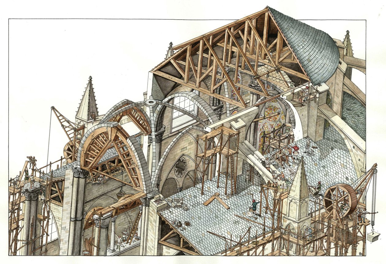Gotische kunst: reconstructie van de bouwplaats van een gotische kathedraal, de arbeiders klimmen op steigers en gebruiken katrollen. 13e eeuw Illustratie door Giorgio Albertini. (Voor het gebruik van de werken van deze auteur is geen toestemming vereist. door Giorgio Albertini