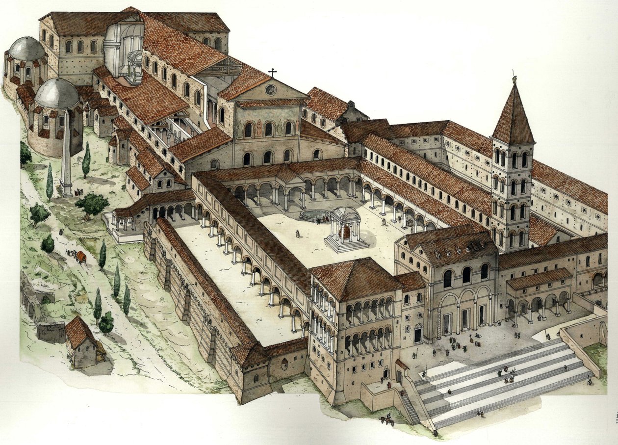 Middeleeuwen: Oude basiliek van Sint Pieter in Rome (Basiliek van San Pietro of Basiliek van Constantijn) ca 1300, Rome Italië door Giorgio Albertini
