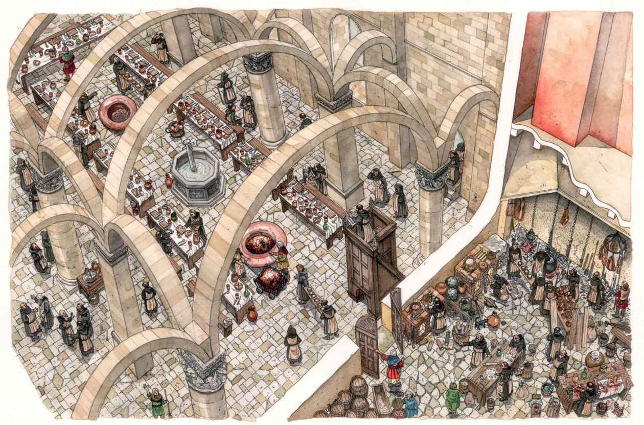 Middeleeuwen: een refter en een keuken in een klooster. Religieus werk om maaltijden voor de gemeenschap te bereiden. 12e of 13e eeuw door Giorgio Albertini