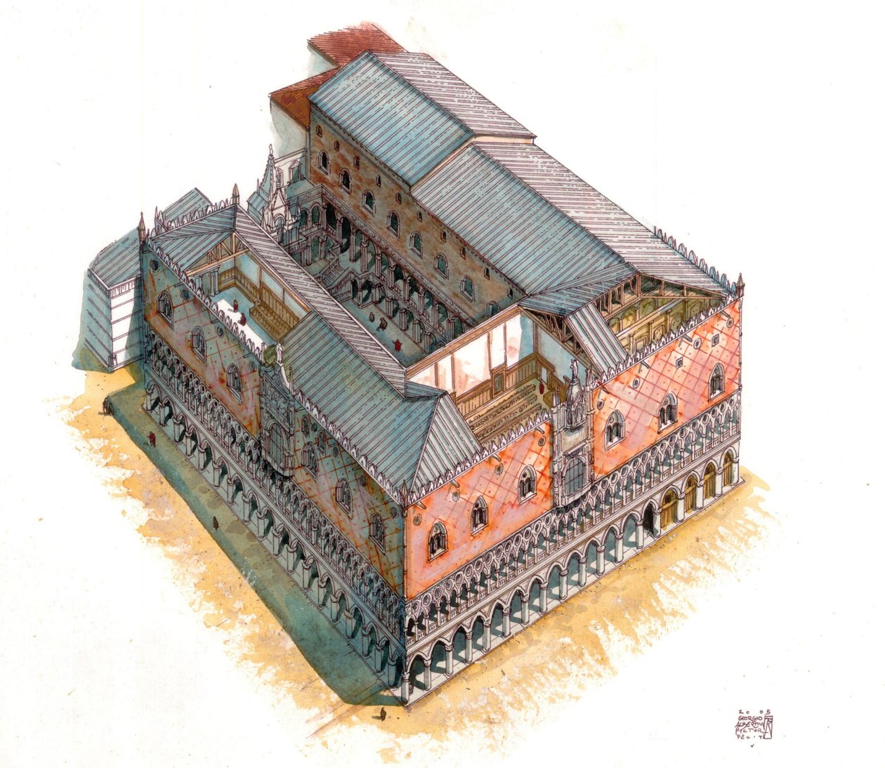 Middeleeuwen: luchtfoto en architecturale doorsnede van het Dogenpaleis (of Hertogelijk Paleis of Palazzo Ducale) op het San Marcoplein in Venetië in de 15e eeuw. Italië door Giorgio Albertini