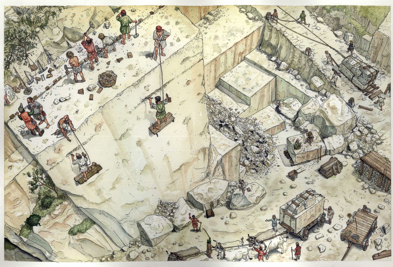 Middeleeuwen: luchtfoto van arbeiders in de marmergroeven van Carrara (Carrara) in de 15e eeuw. De verschillende stappen zijn afgebeeld, extractie, blokgrootte, transport. Italië Illustratie door Giorgio Albertini. (Het gebruik van de w door Giorgio Albertini