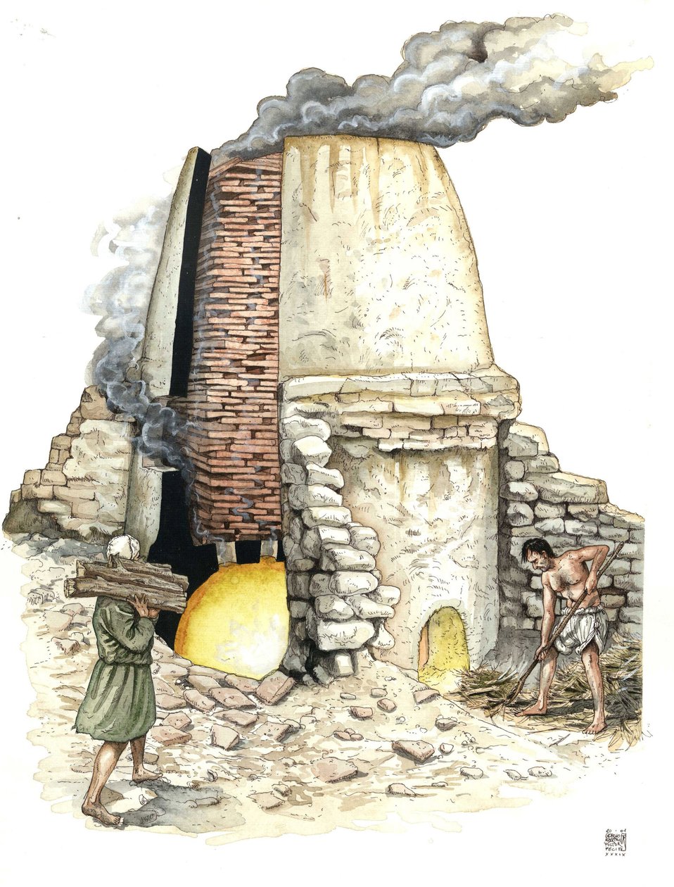Middeleeuwen: bakstenen oven voedt hout. 12e eeuw door Giorgio Albertini