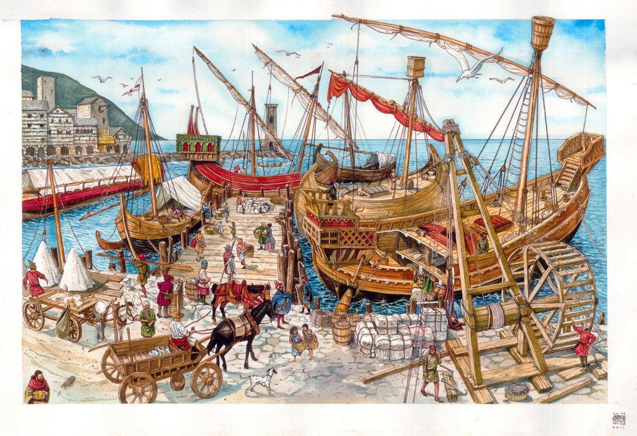 Middeleeuwen: commerciële activiteiten, laden van boten, in een haven in de regio Ligurië. Italië 14e eeuw door Giorgio Albertini