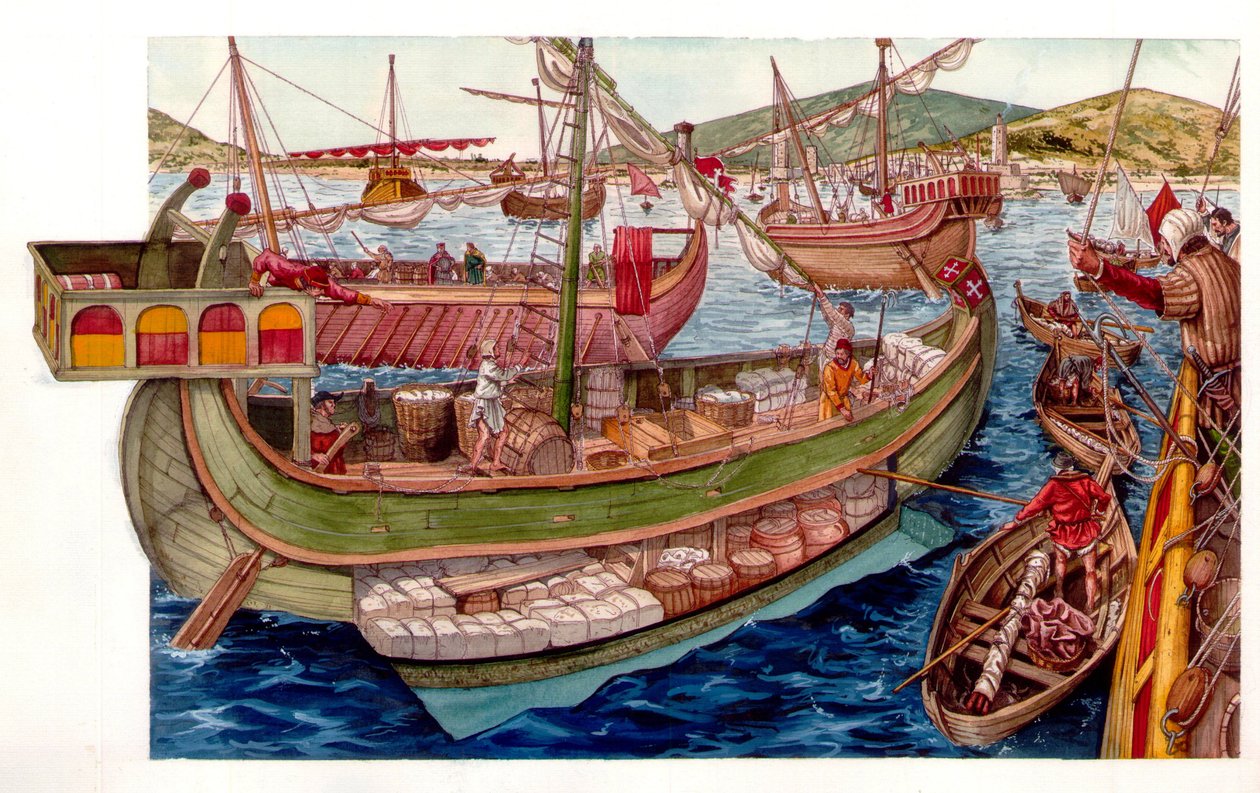 Middeleeuwen: commerciële activiteiten, laden van boten, in de haven van de stad Pisa. Italië 13e eeuw door Giorgio Albertini