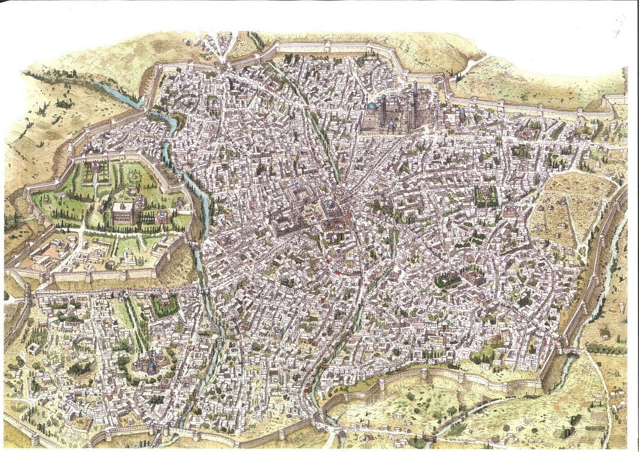 Middeleeuwen: gedetailleerde luchtfoto van de stad Samarkand (Samarkand), de stadsmuren zijn zichtbaar, in Oezbekistan ten tijde van de Mongoolse Chaybanid-dynastie. 1450 rond Centraal-Azië. Illustratie door Giorgio Albertini. (Het gebruik van de werken va door Giorgio Albertini