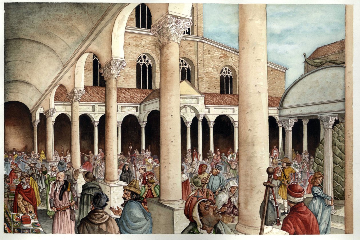 Middeleeuwen: fideles, pelerins, handelaren en Romeinen in de 13e eeuw afgebeeld in de peristyle (ingang) van de oude Sint-Pietersbasiliek van Rome (Sint-Pieter of Basiliek van San Pietro of Basiliek van Constantijn) uit het Romeinse Rijk, Rome door Giorgio Albertini